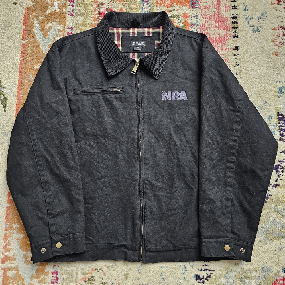 Burks Bay NRA Jacket Canvas Bomber Coat Mens Size 2XL XXL Black Corduroy Collar